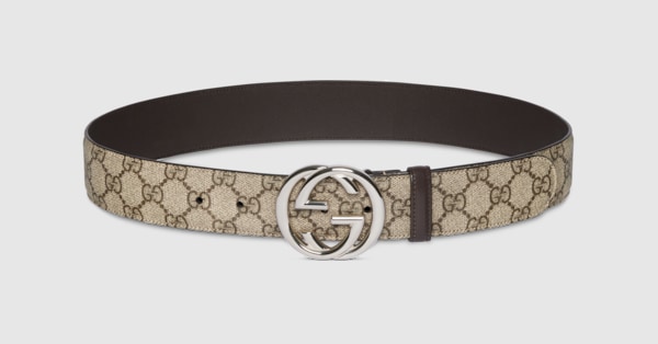 Belt with Interlocking G buckle in beige and ebony GG