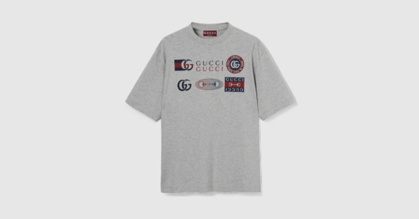 GUCCI Tシャツ Printed cotton jersey T-shirt in light grey | GUCCI® US