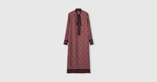 饰蝴蝶结印花斜纹桑蚕丝连衣裙in红色和古驰安可拉红| GUCCI® AE