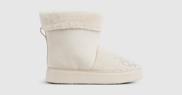 Women's boot with merino wool lining in white suede | GUCCI® US