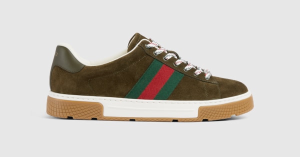 Men's Gucci Ace sneaker with Web in forest green suede | GUCCI® INT