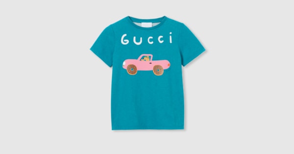 Children's cotton T-shirt with print in turquoise | GUCCI® US