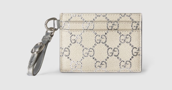 GGエンブレム〕ストラップ付き カードケース ・ベージュ＆シルバー GG