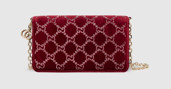 GG crystals wallet on chain in Rosso Ancora red velvet | GUCCI® US