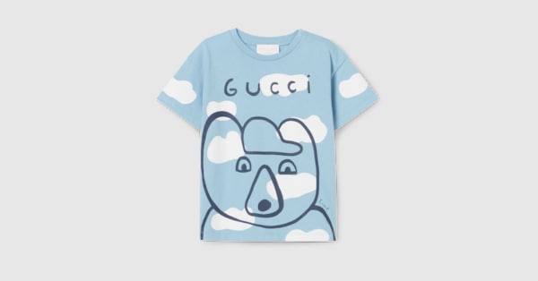Baby cotton T-shirt with print in light blue and white | GUCCI® US