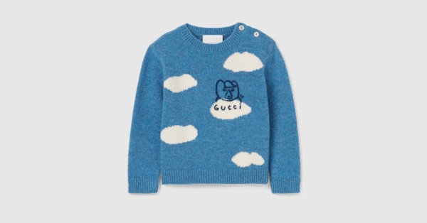 Baby wool sweater with embroidery in light blue and white | GUCCI® US