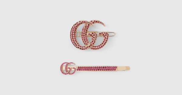 Double G hair slide set with crystals in gold-toned | GUCCI® US