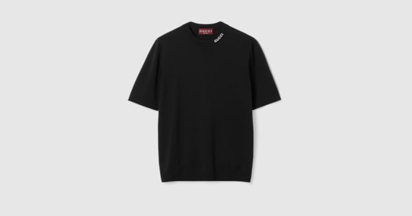 Silk cotton T-shirt with Gucci intarsia in black | GUCCI® US