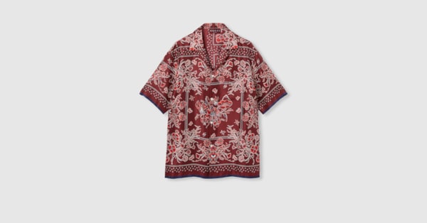Printed silk twill bowling shirt in Gucci Rosso Ancora red