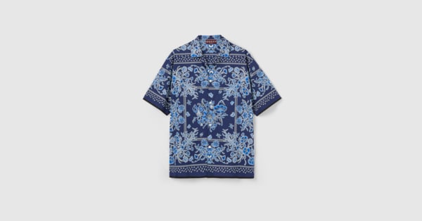 Printed cotton poplin bowling shirt in blue | GUCCI® US