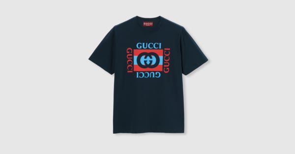 Printed cotton jersey T-shirt in navy | GUCCI® US