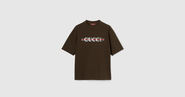 Printed cotton jersey T-shirt in brown | GUCCI® MX