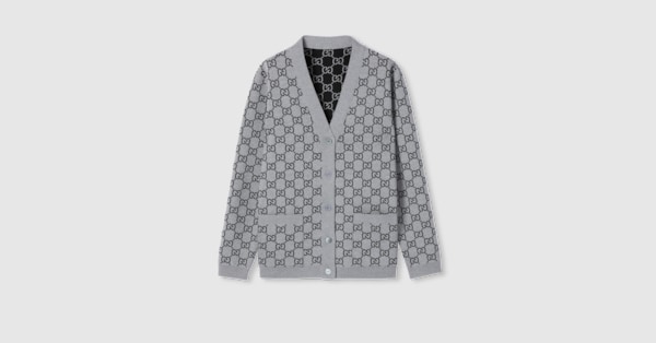 Reversible GG wool jacquard cardigan in grey and black | GUCCI® US