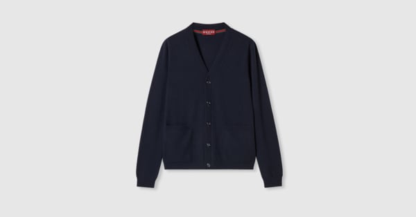 Fine cashmere cardigan with intarsia in navy | GUCCI® US