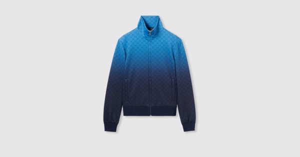 GUCCI グラデーションブルー レザージャケット 希少 プリント ネオプレン ジップジャケット ・ブルー&ダークブルー