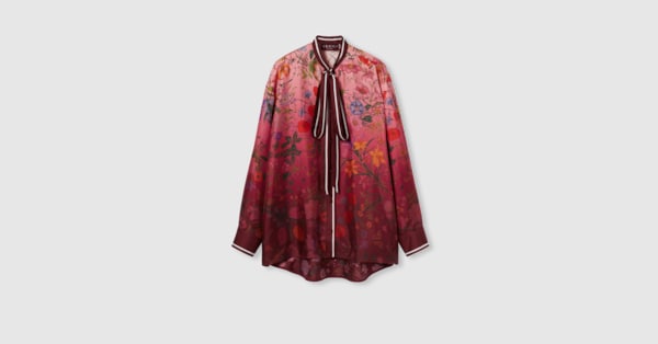 Printed Silk Shirt with Neck Bow in Pink and Rosso Ancora Red