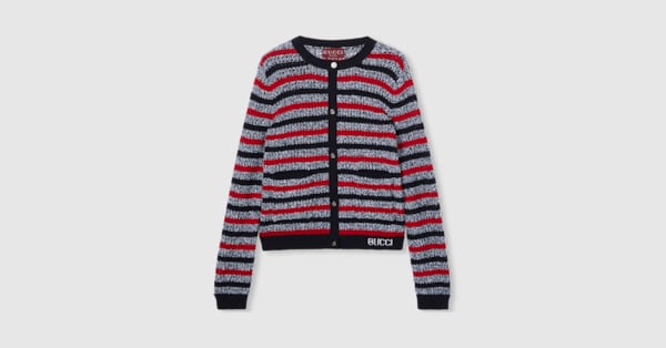 Striped cotton cardigan with intarsia in navy and red