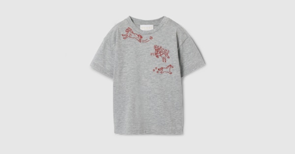 Baby cotton T-shirt with embroidery in light grey | GUCCI® US