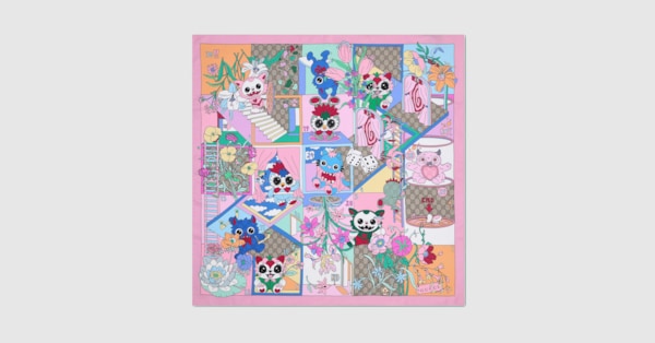 Gucci Besties〕プリント シルクツイル スカーフ ・ライトピンク