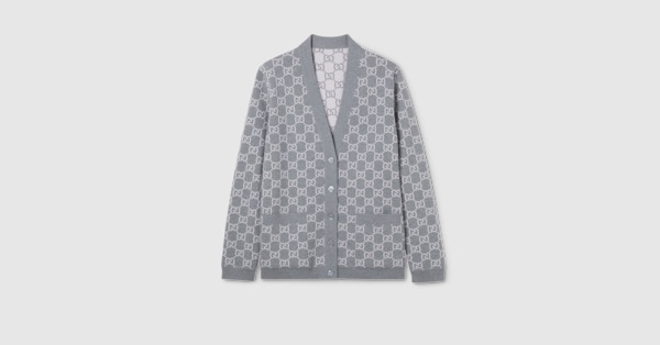 Reversible GG fine wool jacquard cardigan in light pink and grey