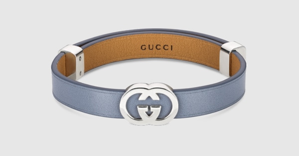お値下げGUCCI レザーベルトブレスレット グッチ インターロッキング〕レザー ブレスレット ・アイシーブルー