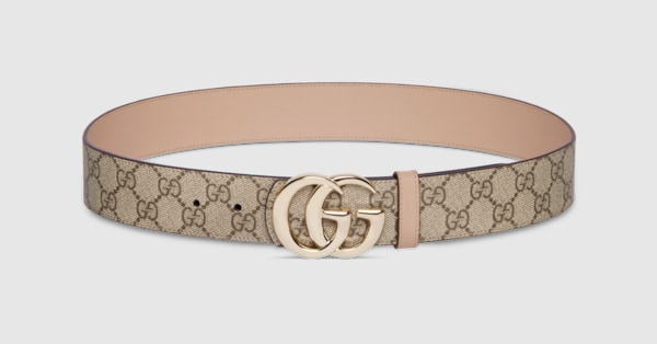 Reversible GG Marmont belt in beige GG Supreme and pink leather
