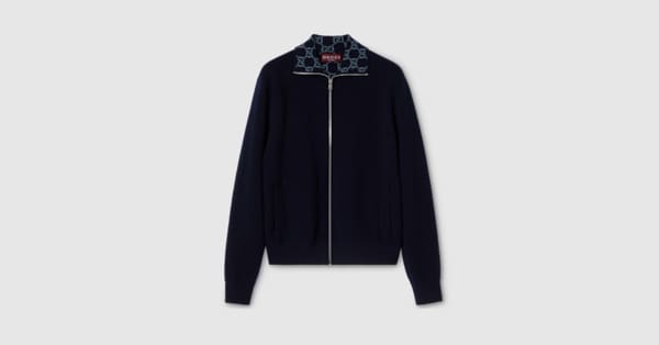 Knit double wool zip jacket in blue | GUCCI® US