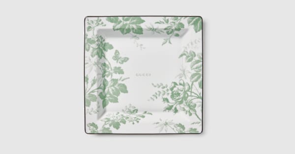 Herbarium print large trinket tray in white and green porcelain