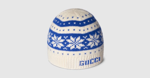Children's wool hat with Gucci logo in off white and blue | GUCCI® US