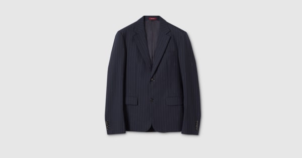 Single-breast pinstripe wool jacket in dark blue and grey | GUCCI® US