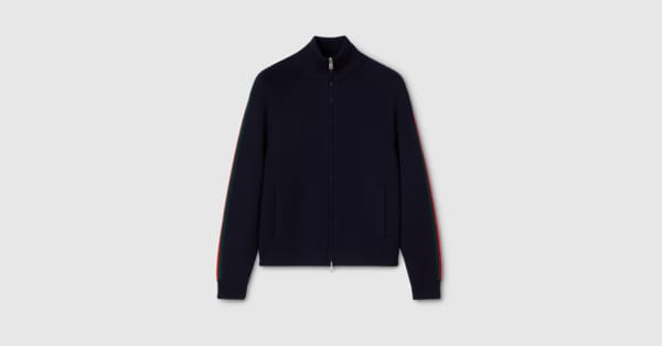 Woven stitch knit wool zip jacket in dark blue | GUCCI® CA