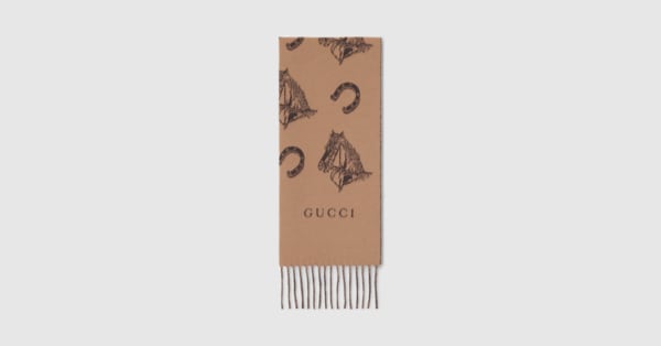 Silk wool equestrian jacquard scarf in camel and light brown