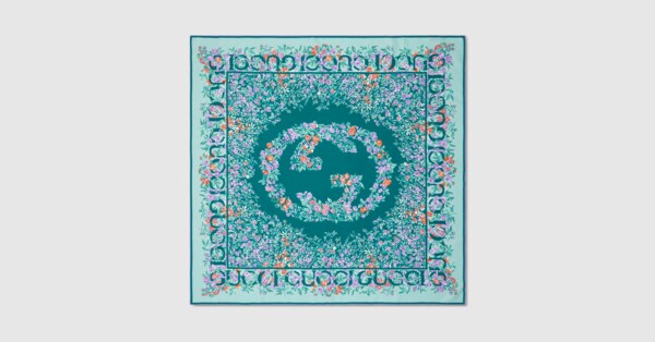 Printed silk twill carré in aquamarine and lilac | GUCCI® US