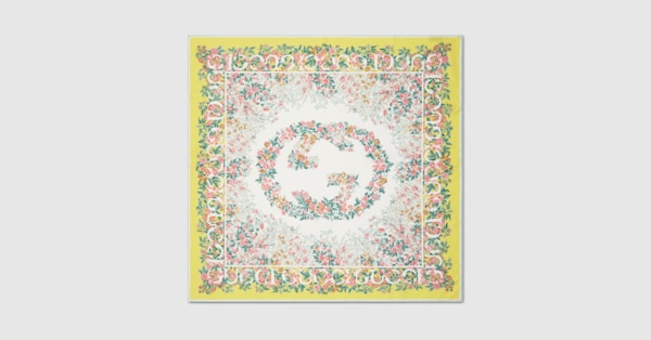 Printed silk twill carré in aquamarine and yellow | GUCCI® US