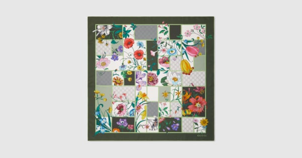 Printed silk twill carré in green and multicolor | GUCCI® US