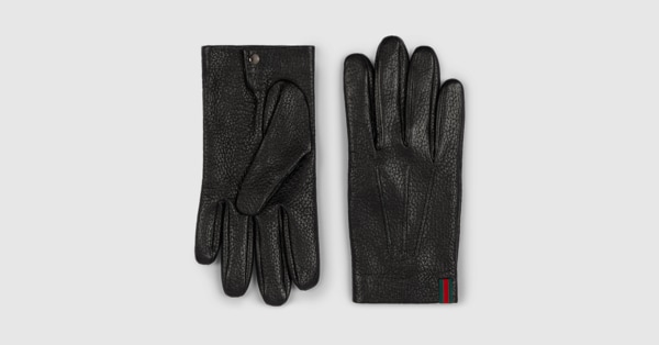 Grainy leather gloves with Web in black | GUCCI® US