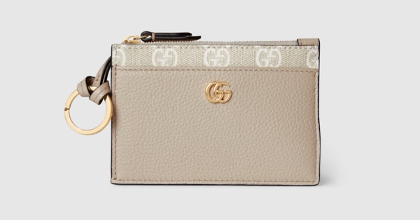 Bi-color GG Marmont zip key pouch in beige leather, GG Supreme