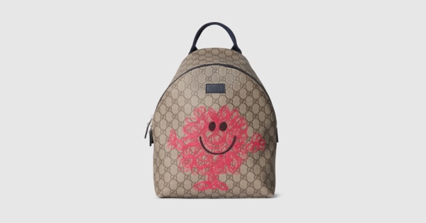 Children's GG backpack with prints in beige and brown GG Supreme