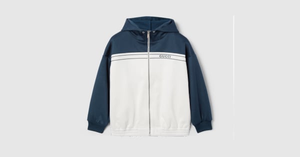 Children's jersey hooded zip jacket in white and dark blue | GUCCI® US