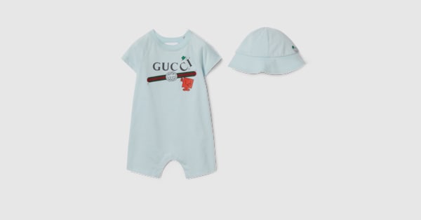Baby cotton two-piece gift set with print in light blue | GUCCI® US