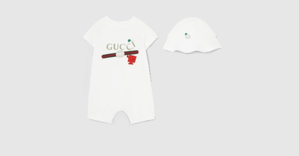 Baby cotton two-piece gift set with print in white | GUCCI® INT