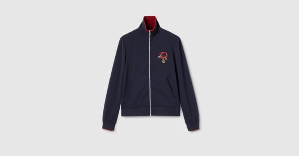 Technical jersey zip jacket with embroidery in dark blue | GUCCI® US