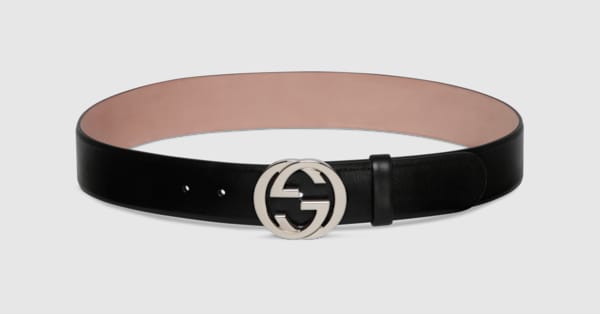 Belt with Interlocking G buckle in black leather | GUCCI® US