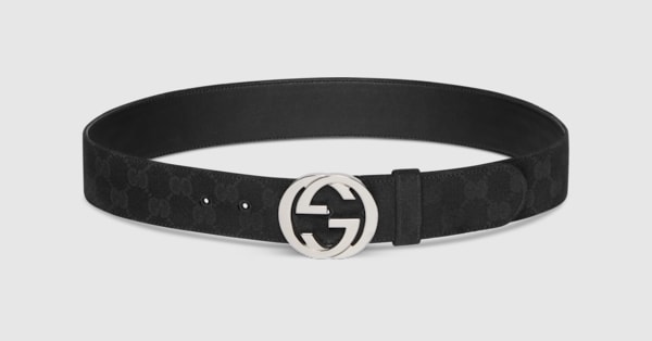 Belt with Interlocking G buckle in black GG canvas | GUCCI® US