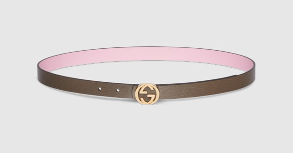 Reversible thin belt in pink and taupe leather | GUCCI® US Reversible thin belt in pink and taupe leather | GUCCI® US