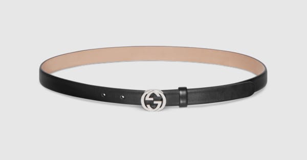 Thin belt with Interlocking G buckle in black leather | GUCCI® US