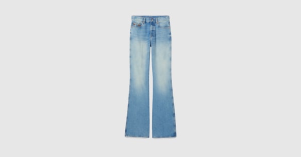 Flared bleached cotton denim pants in light blue | GUCCI® US
