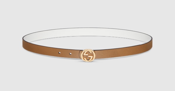 Reversible thin belt in white and beige leather | GUCCI® US