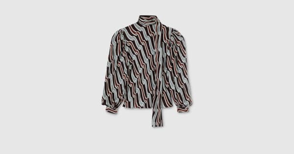 プリント入り シルクツイル シャツ ・グレー＆ブラウン | GUCCI公式