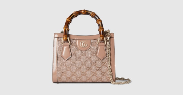 Gucci Diana crystal mini tote bag in dusty pink lamé fabric